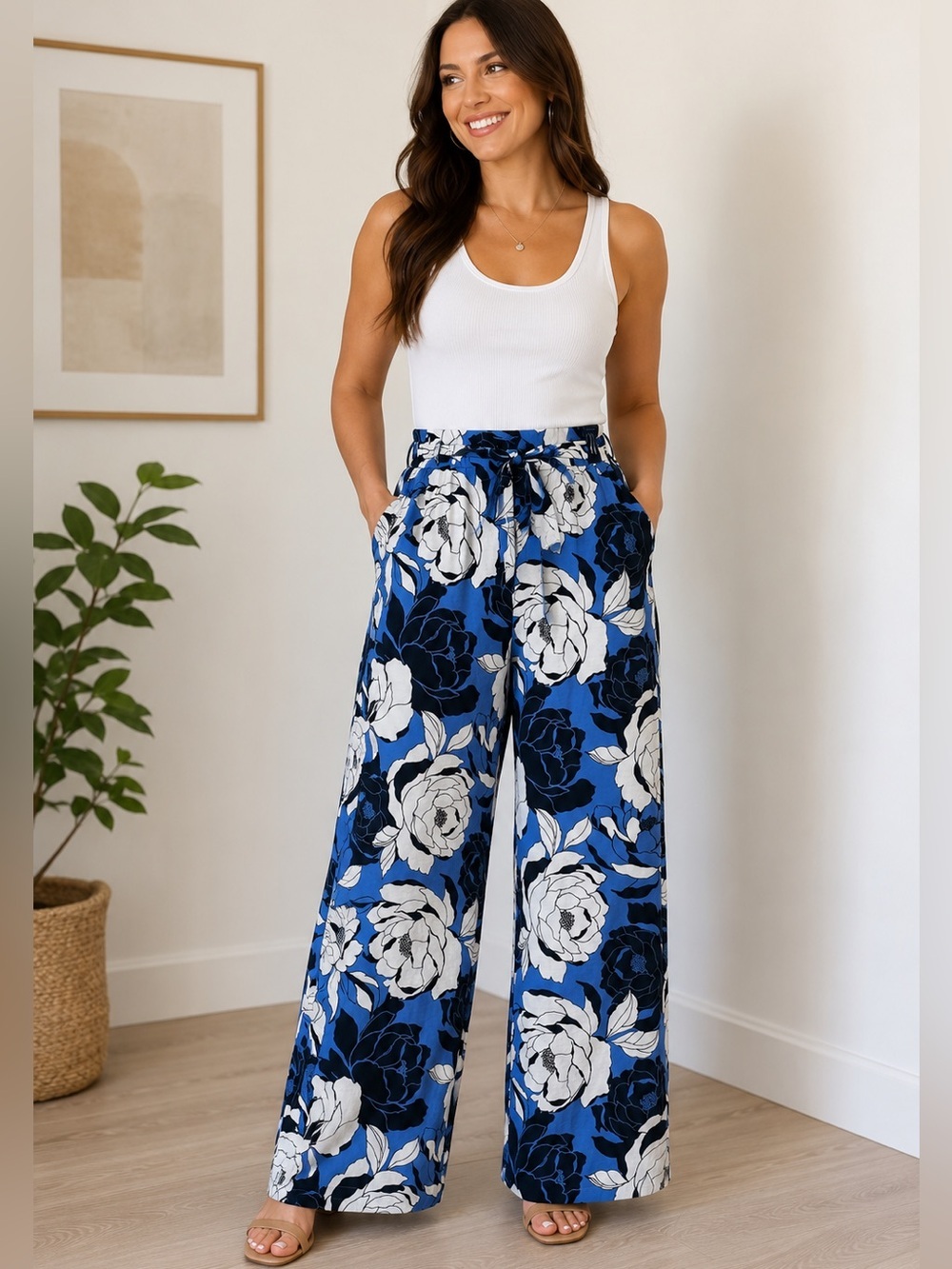 Hope & Harlow Blue Floral Wide-Leg Pants with Tie Waist Size Large
